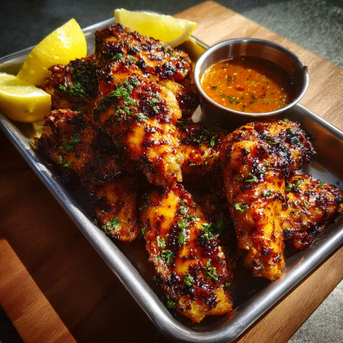 A plate of food with lemon wedges and sauce.