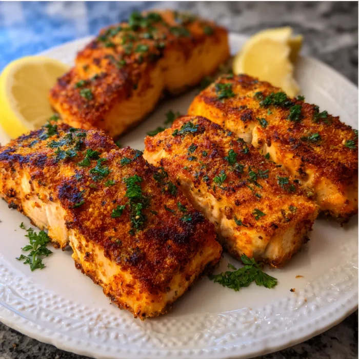 A plate of fish with lemon wedges on top.