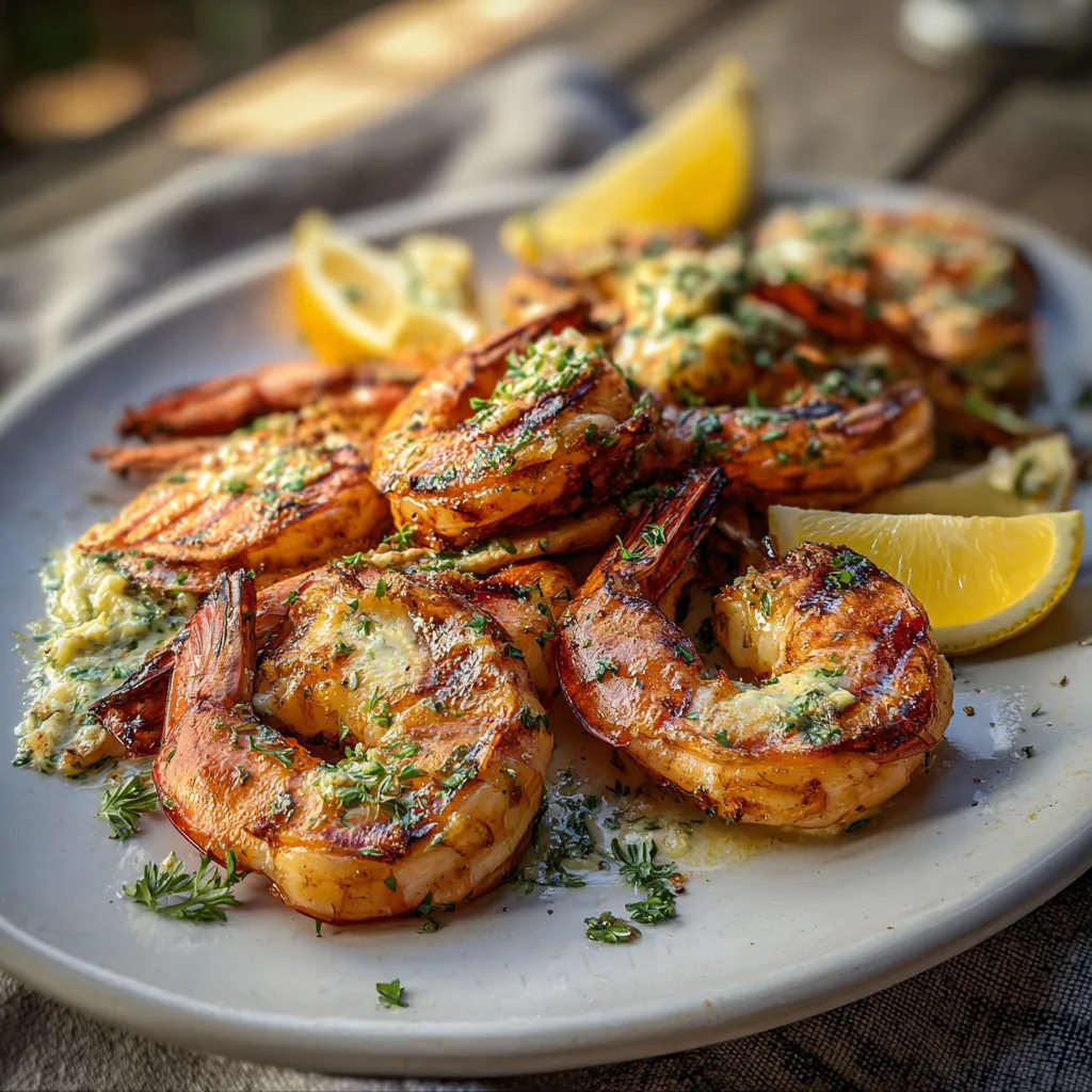 A plate of shrimp with lemon wedges on top.
