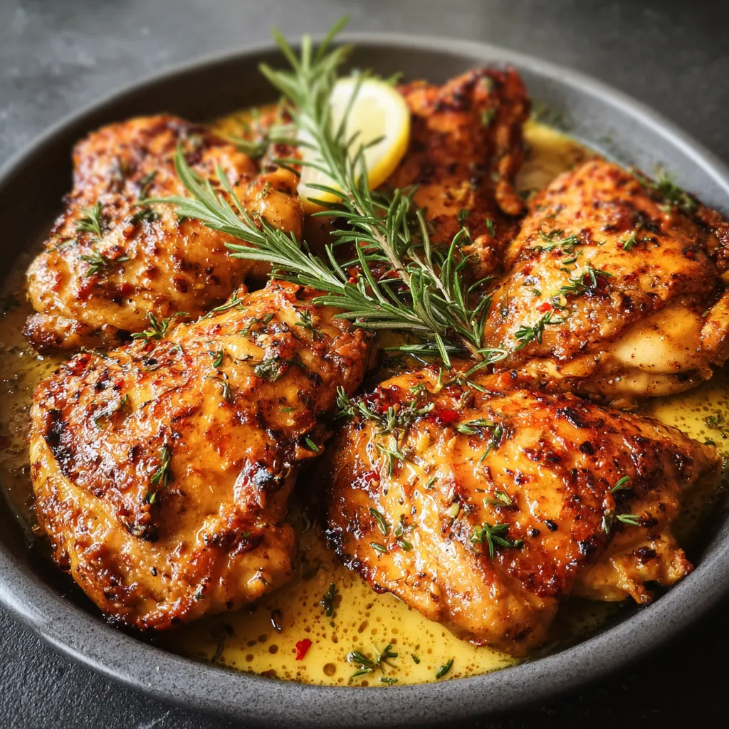 A bowl of chicken with herbs.
