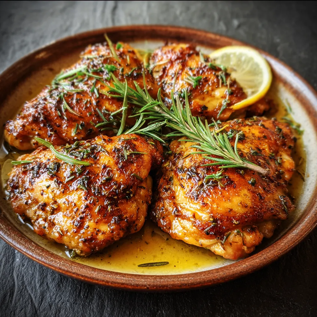 A plate of chicken with lemon and herbs.