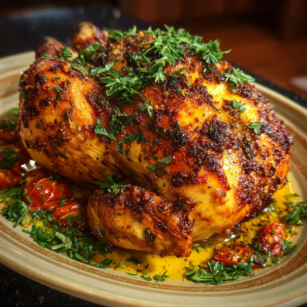 A chicken with herbs on it.