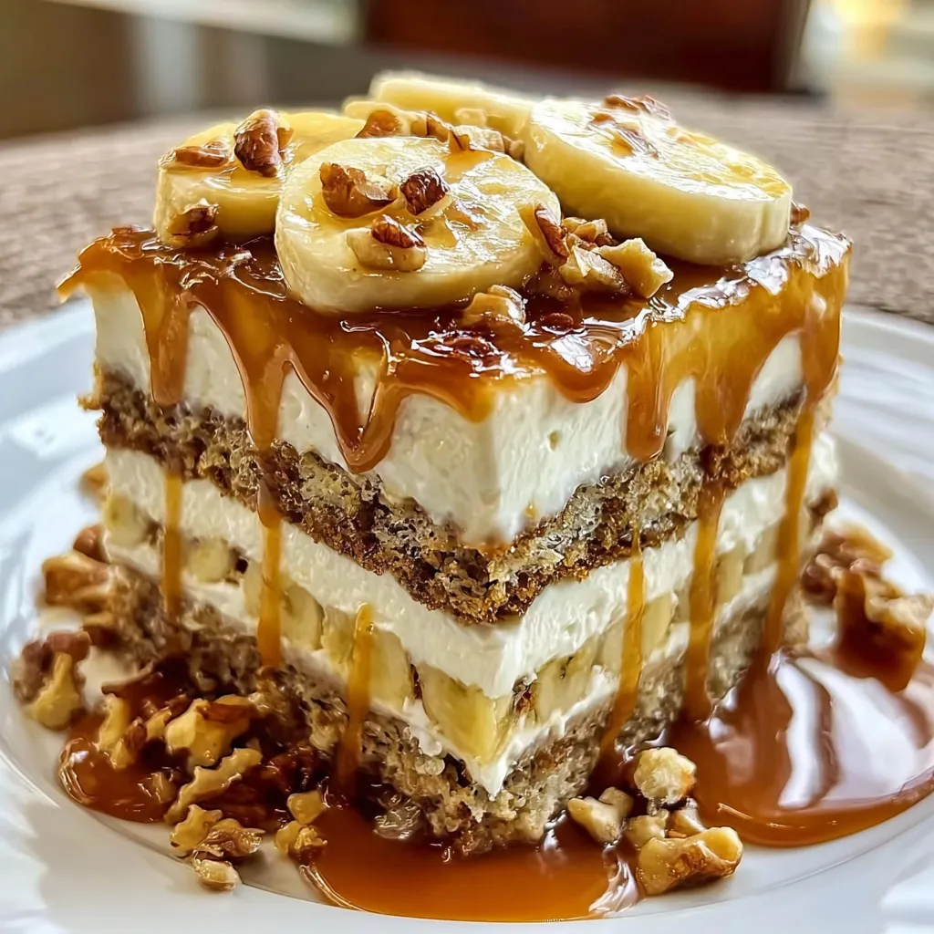 A slice of cake with bananas and walnuts.