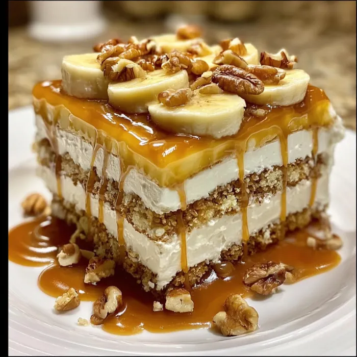 A slice of cake with bananas and walnuts.