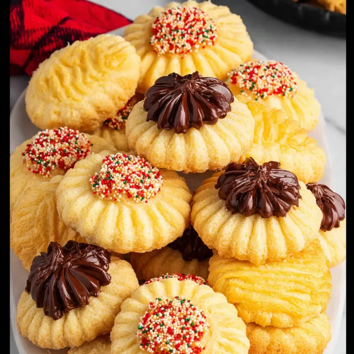 A plate of cookies with chocolate and sprinkles.