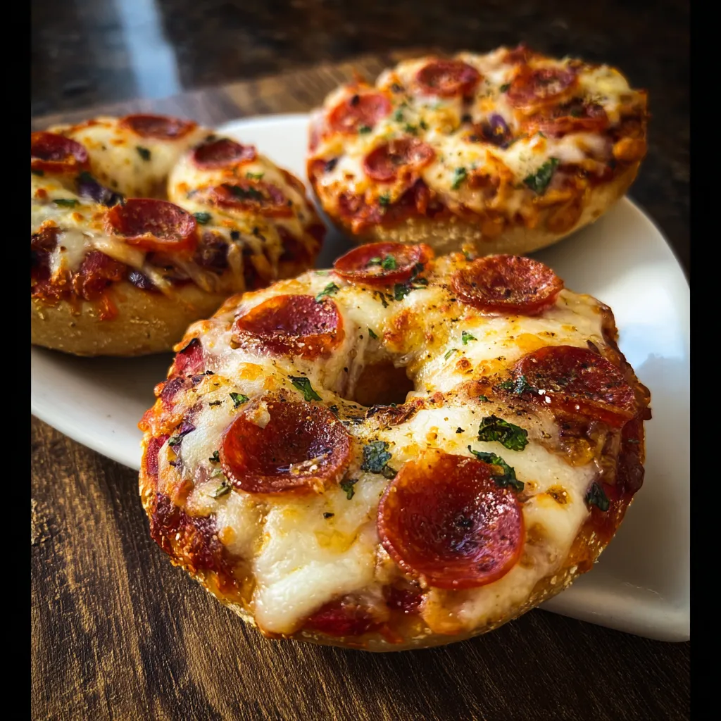 Two pepperoni pizza bagels on a white plate.