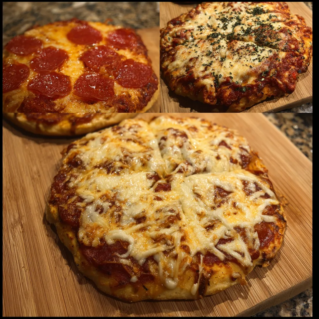 Four different pizzas on a wooden table.
