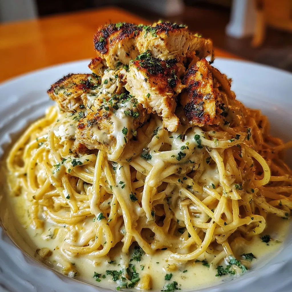 A plate of pasta with chicken on top.