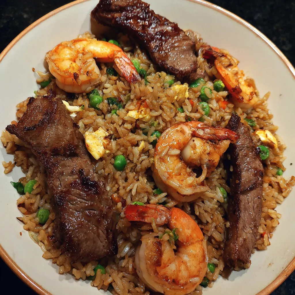 A plate of rice with shrimp and beef.