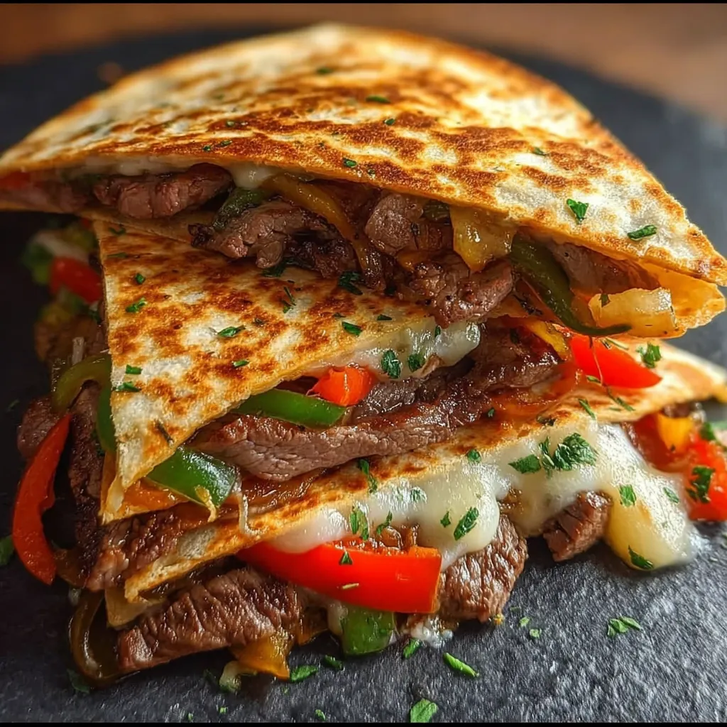 A burrito with meat and peppers on a black plate.