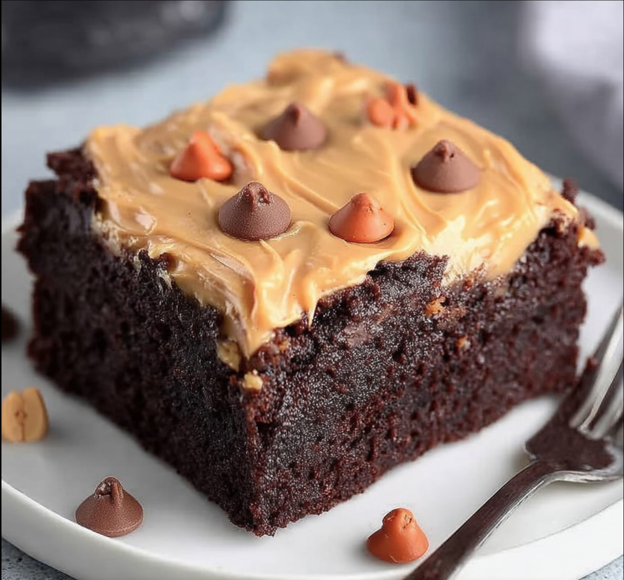 A piece of chocolate cake with peanut butter and chocolate chips.