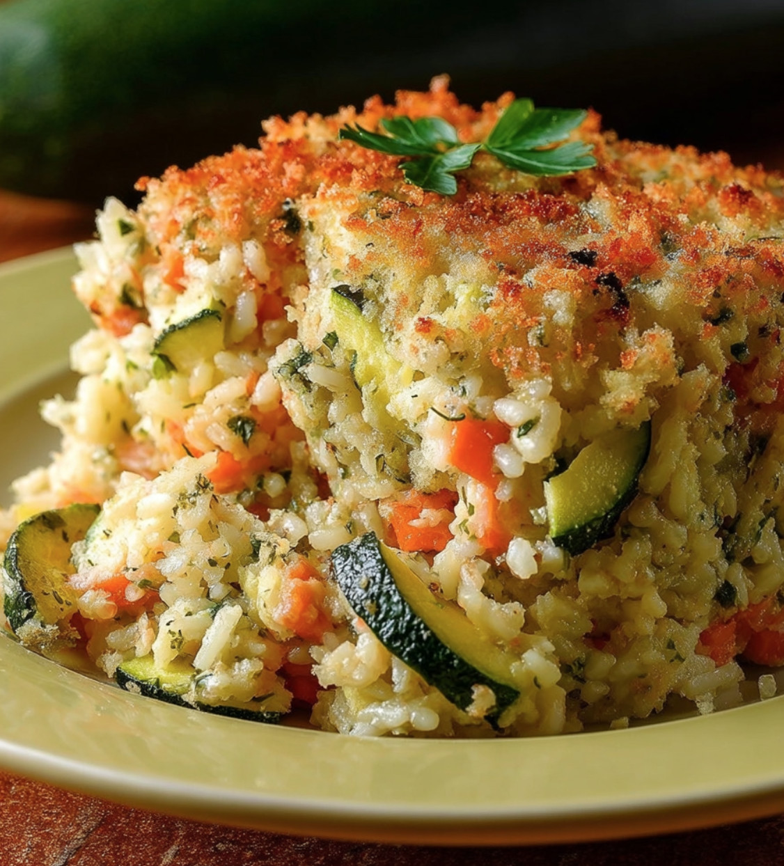 A plate of food with rice, carrots, and zucchini.