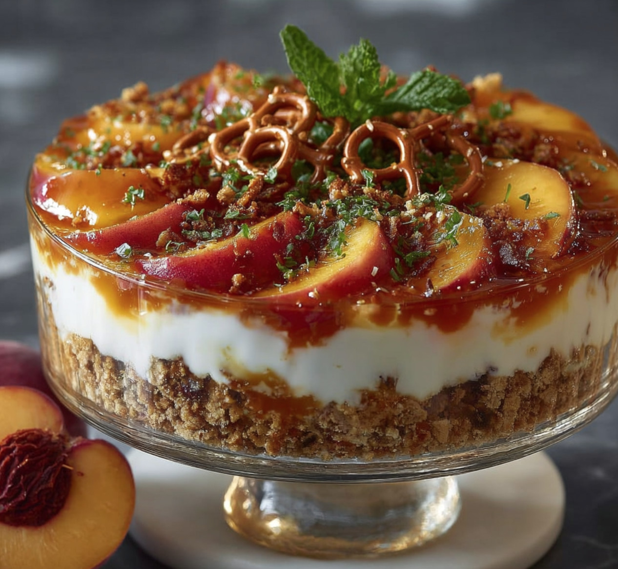 A dessert with peaches and a cinnamon topping.