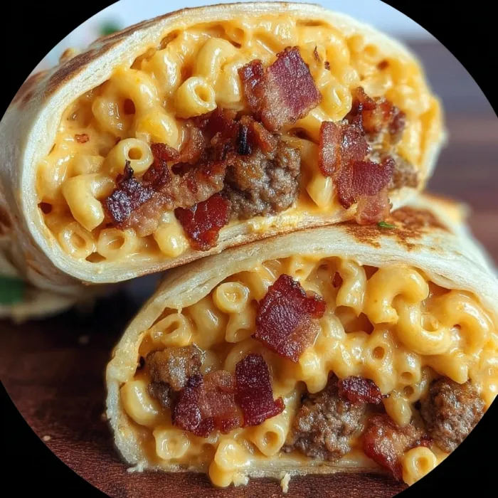 A close up of a bacon and macaroni sandwich.