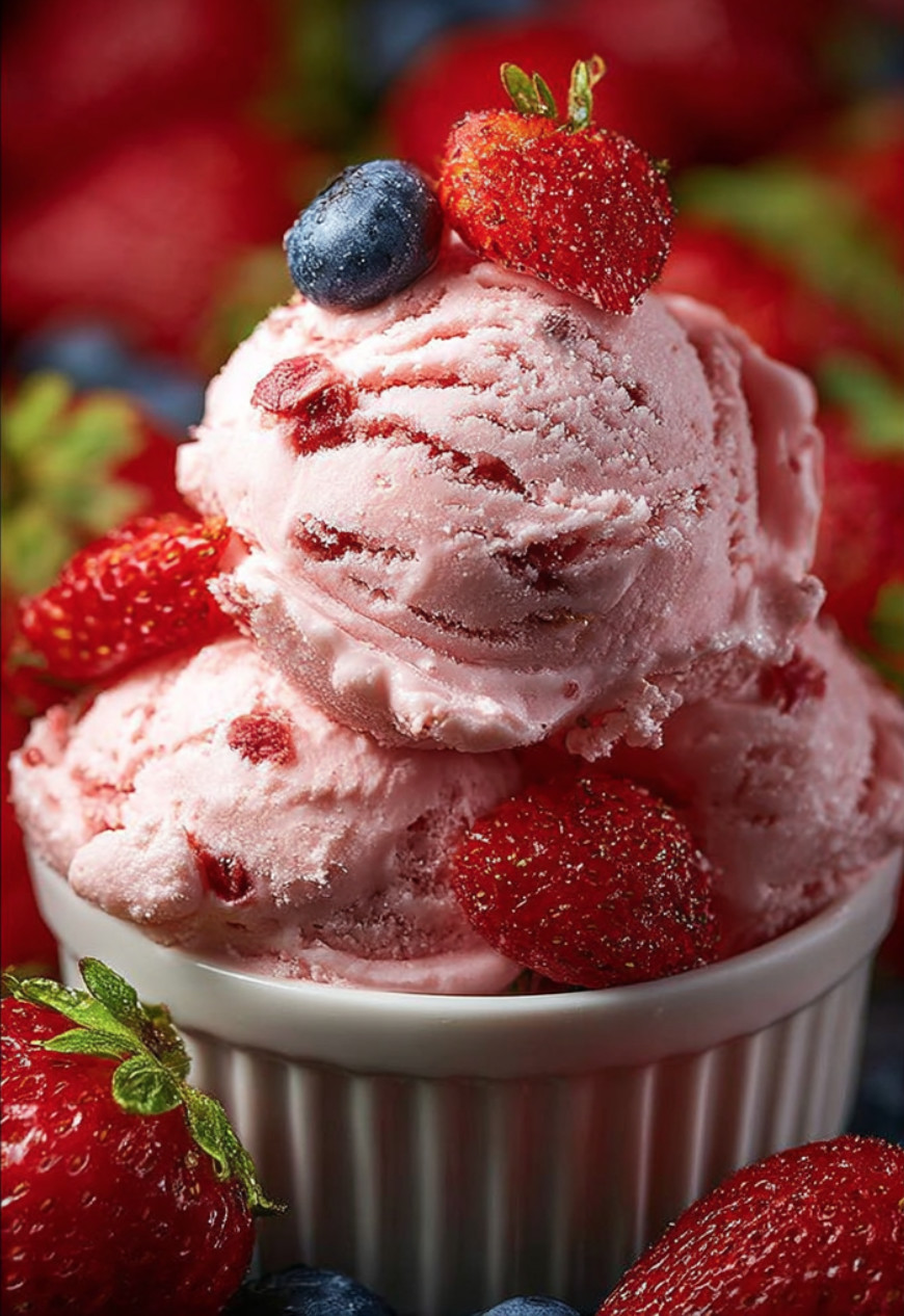 A bowl of pink ice cream with strawberries on top.