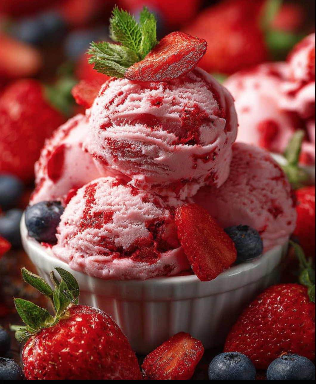 A bowl of strawberries and a scoop of red ice cream.