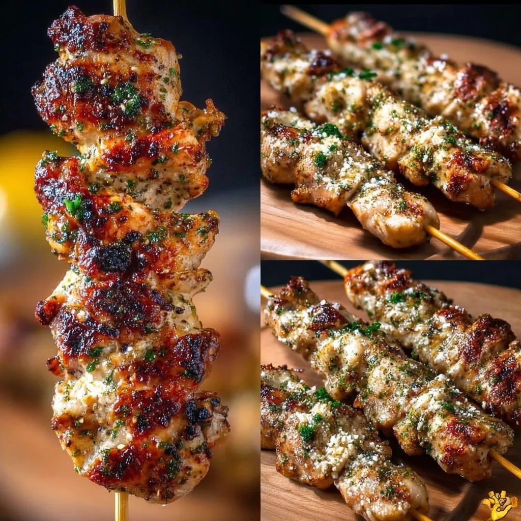 A wooden table with two skewers of meat.