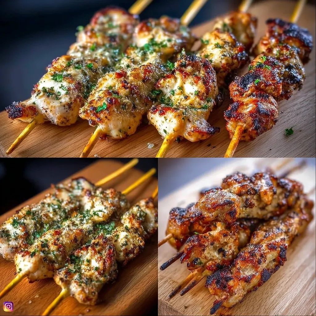 A wooden board with four skewers of meat.