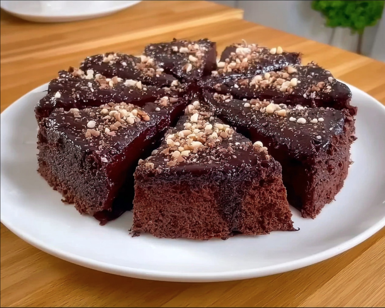 A plate of chocolate cake with nuts on top.