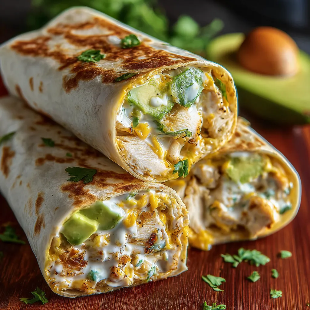 Two burritos with chicken and avocado.