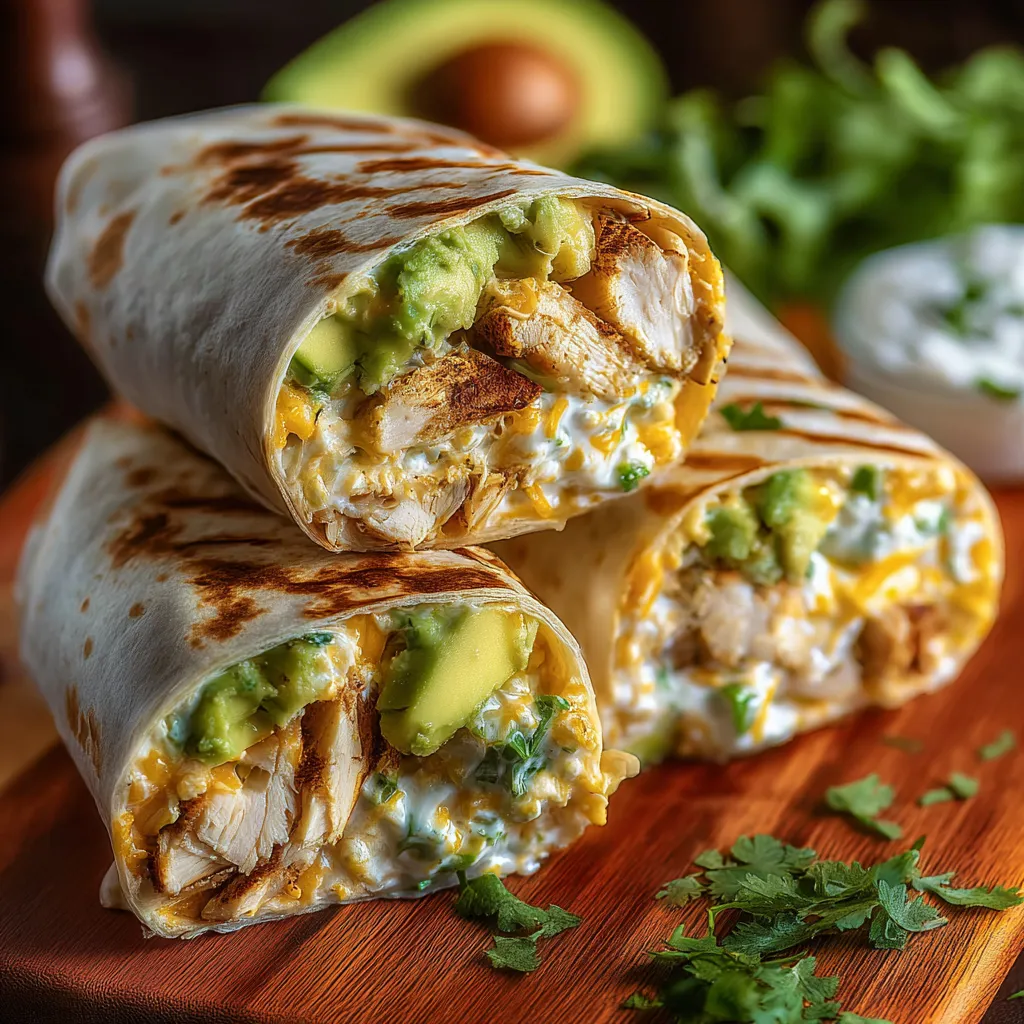 A burrito with chicken and avocado on a wooden table.