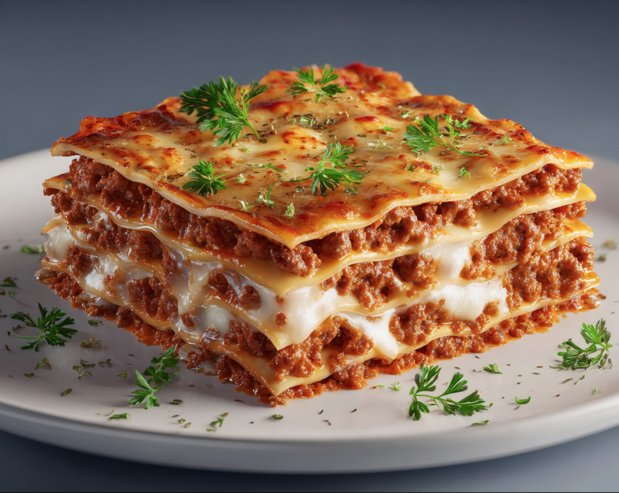 A stack of lasagna with cheese and herbs.