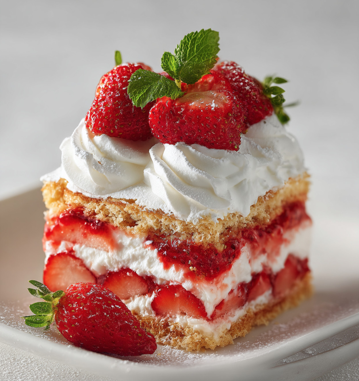 A slice of cake with strawberries on top.