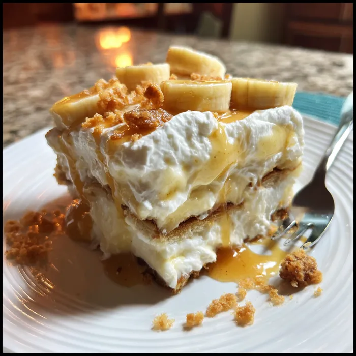 A slice of banana cream pie on a plate.