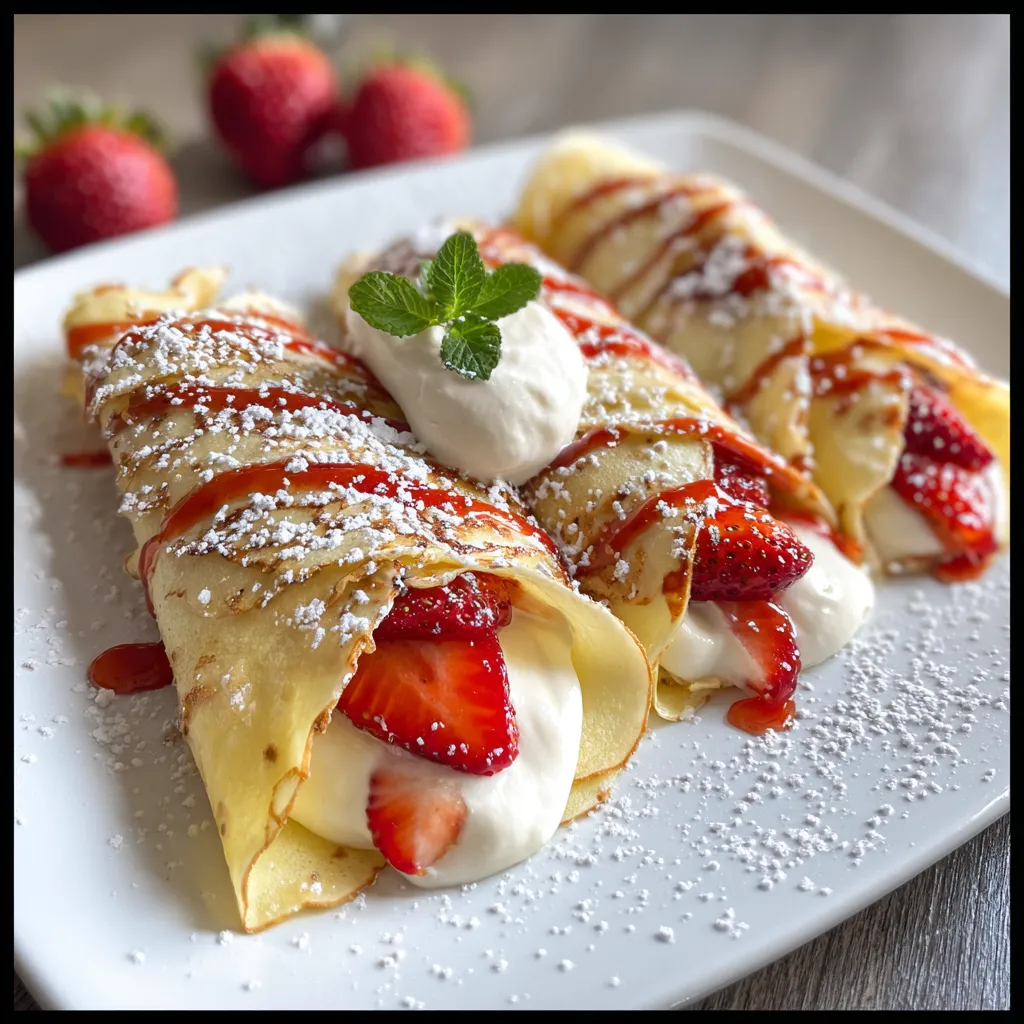 A plate of crepes with strawberries and whipped cream.