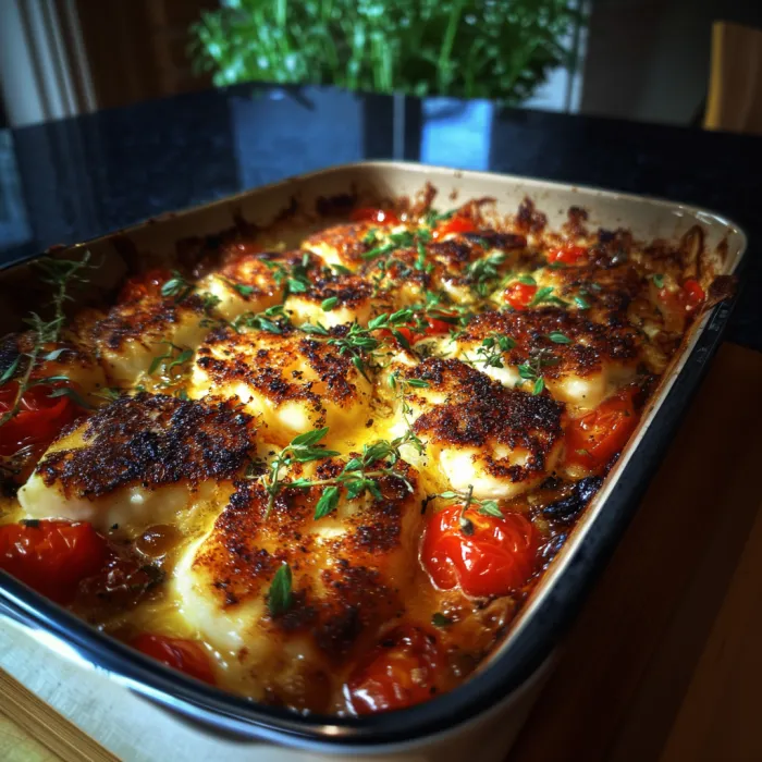 A pan of food with tomatoes and herbs.