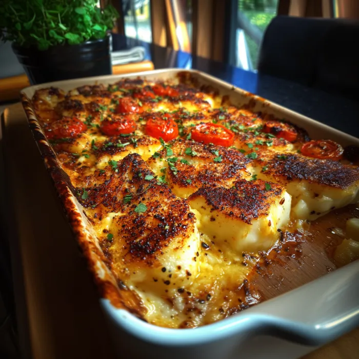 A pan of food with tomatoes and cheese.