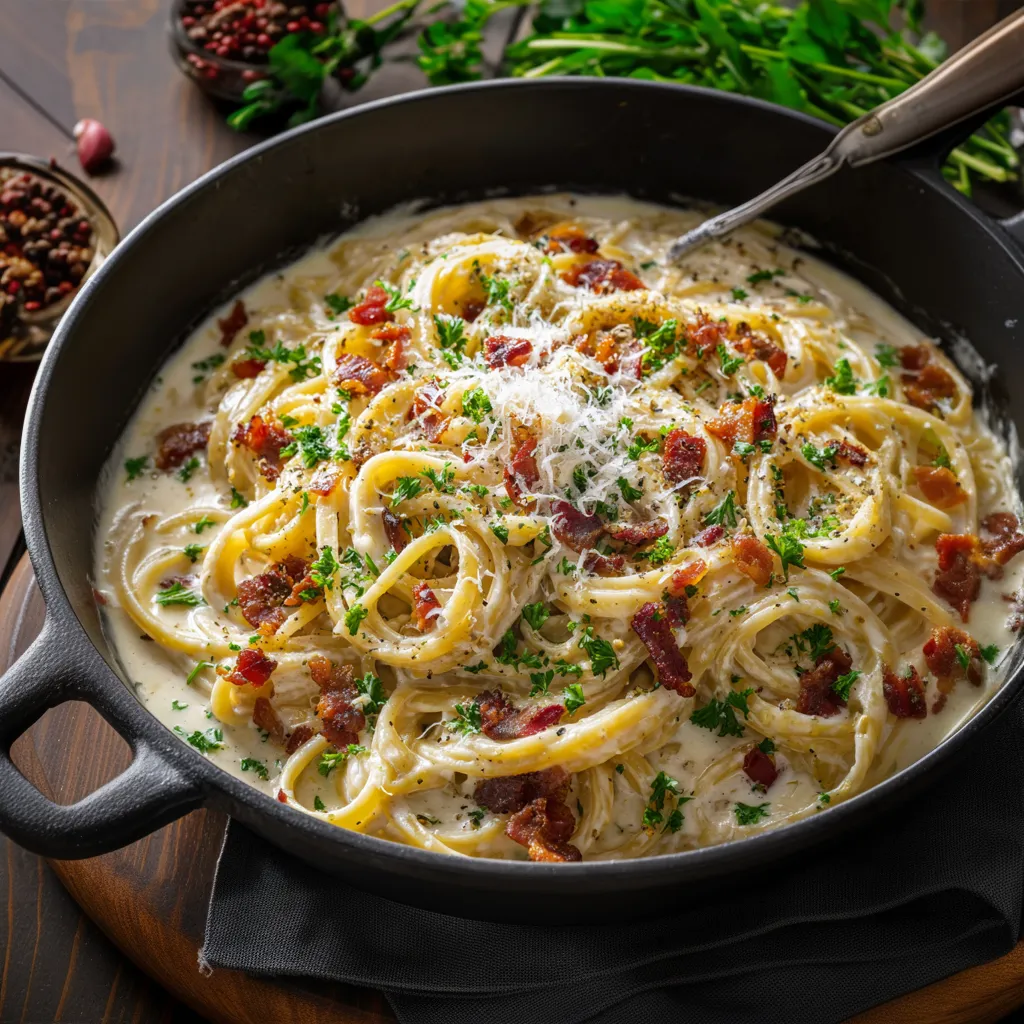 A bowl of pasta with cheese and bacon.