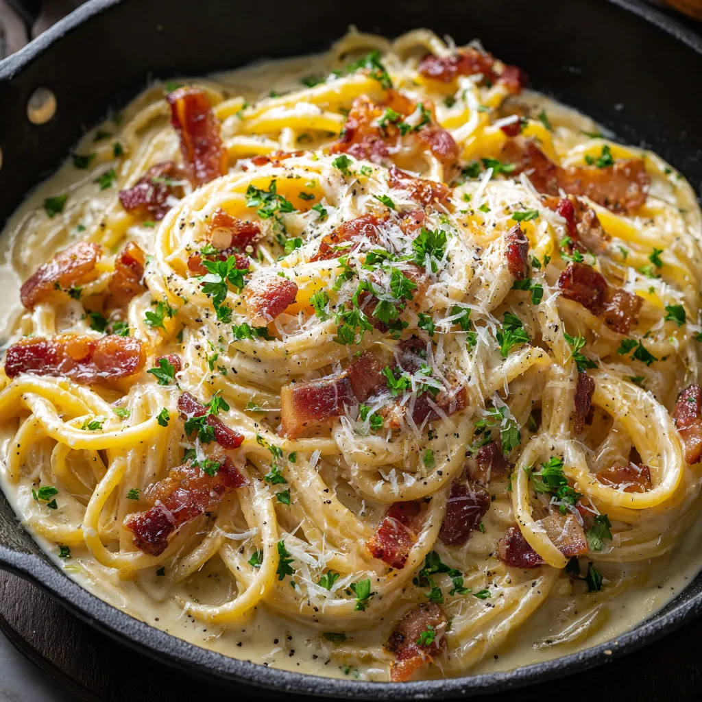 A bowl of pasta with bacon and cheese.