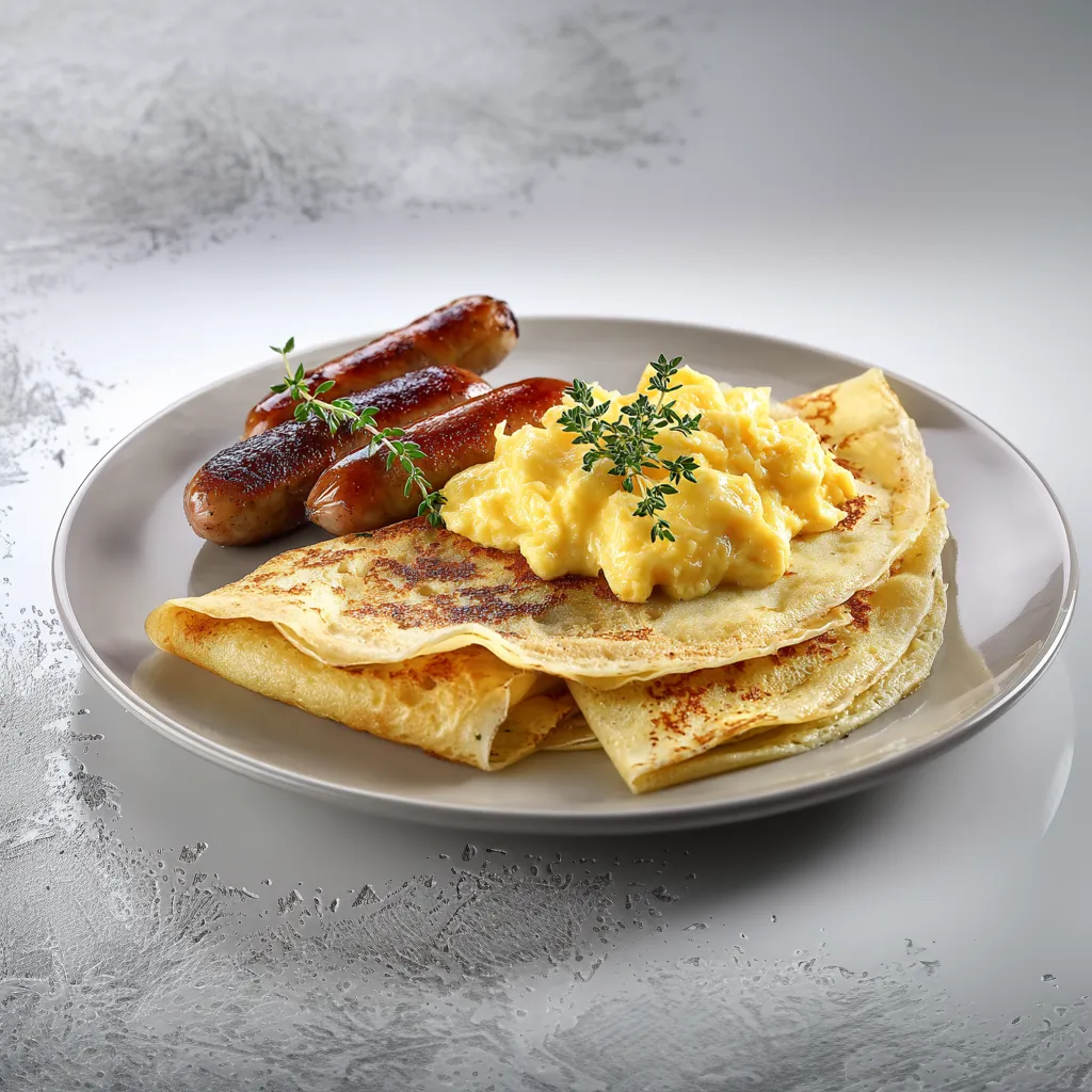 A plate of food with eggs, sausage, and pancakes.