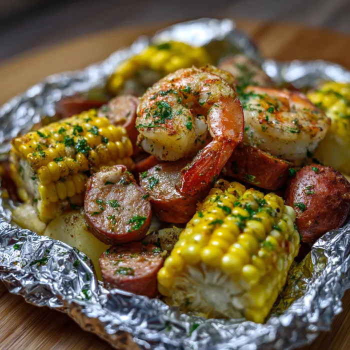 A plate of food with shrimp, corn, and sausage.