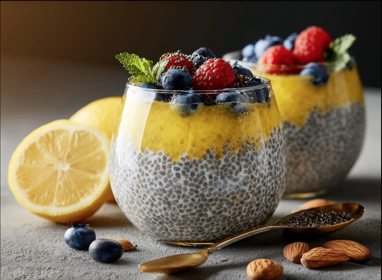 A glass of yogurt with blueberries and raspberries.