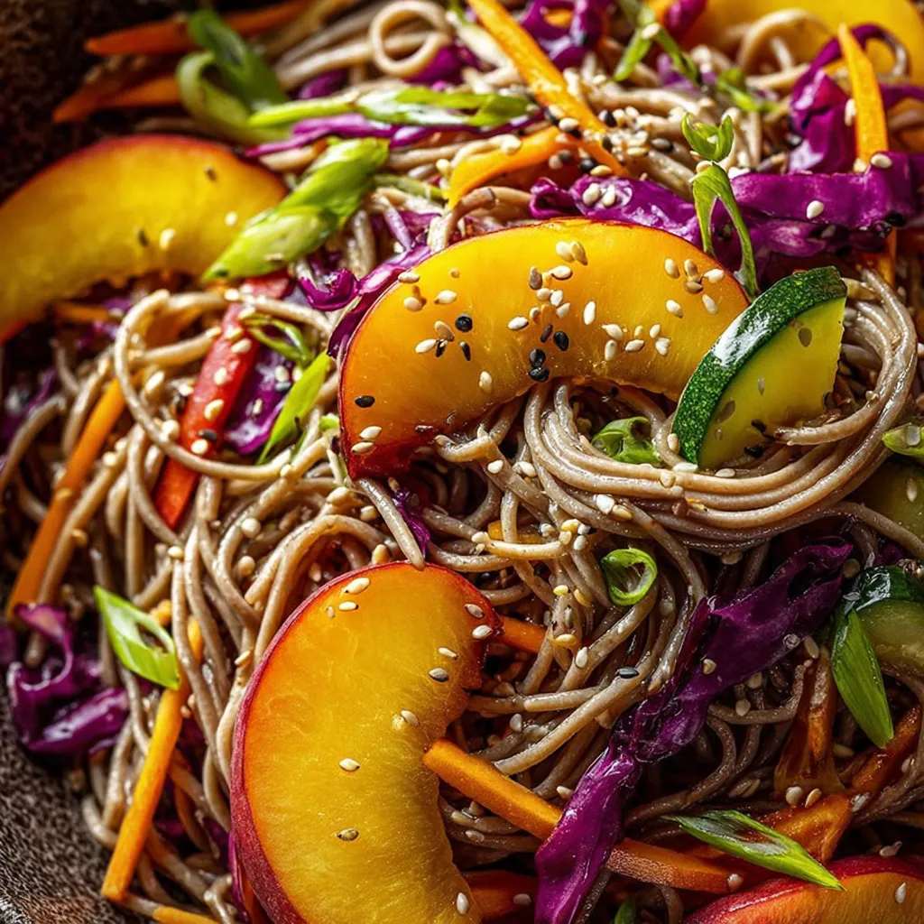 A bowl of noodles with vegetables and fruit.