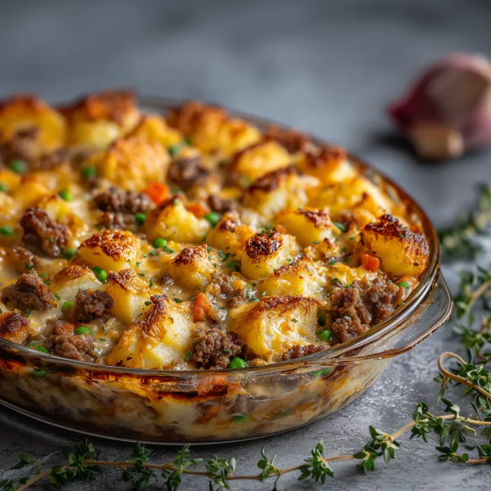 A casserole dish filled with meat and vegetables.