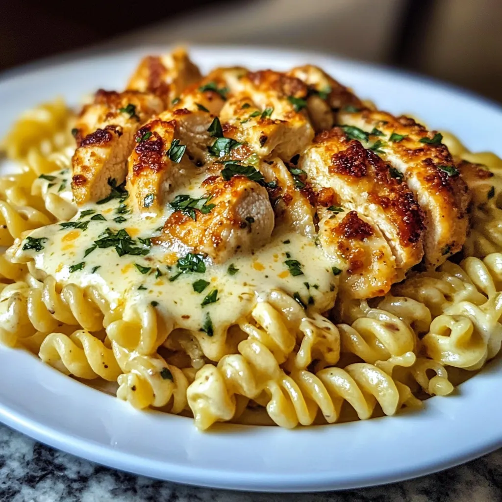 A plate of chicken and pasta.