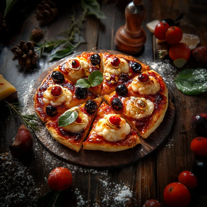 A pizza with cheese and tomatoes on top.