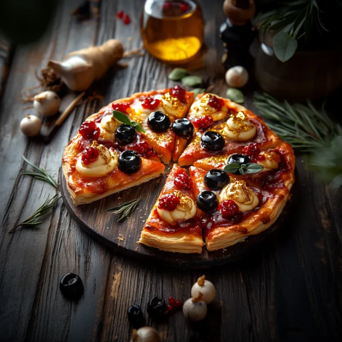 A pizza with black olives and red cherries on top.