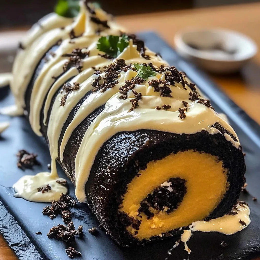 A cake with white frosting and black icing.