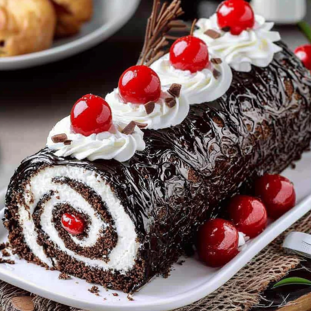 A chocolate cake with white icing and cherries.