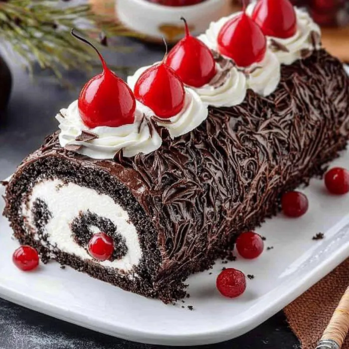 A chocolate cake with white frosting and cherries on top.
