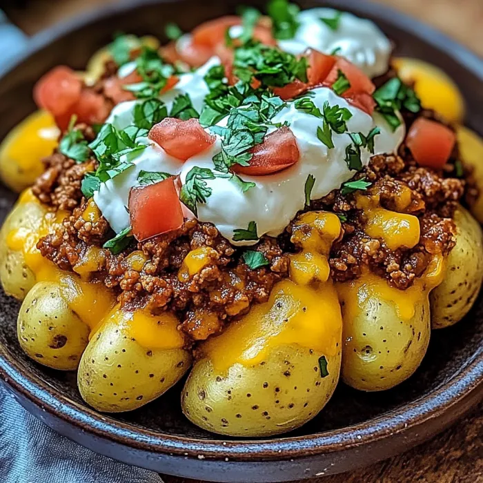 A bowl of food with potatoes and cheese.