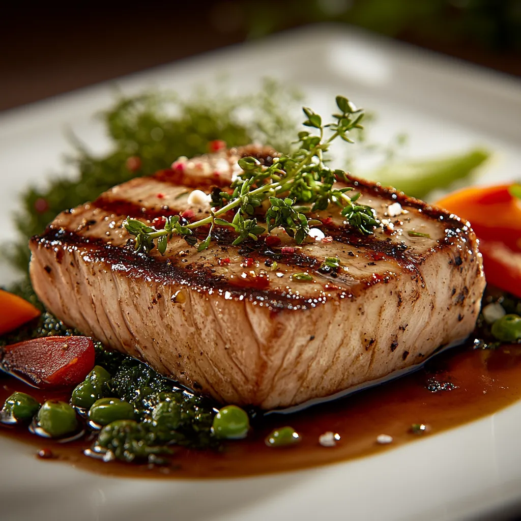 A piece of meat with herbs on top.