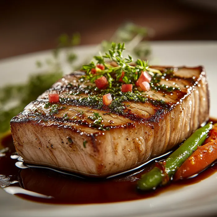 A piece of meat with a green topping.