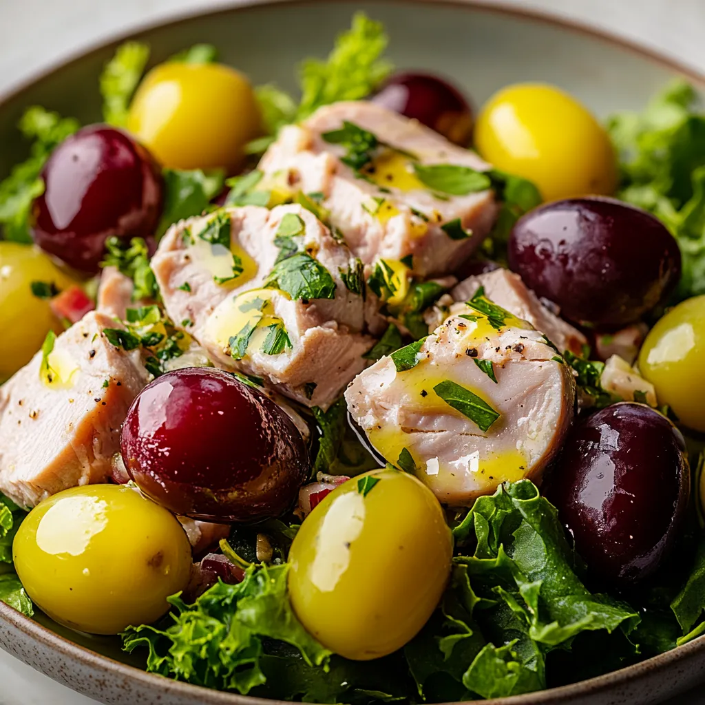 A bowl of food with chicken, grapes, and olives.