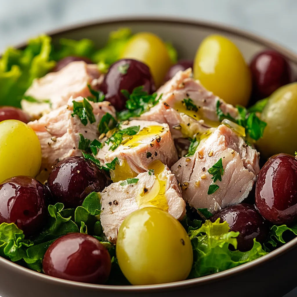 A bowl of food with grapes, meat, and other vegetables.