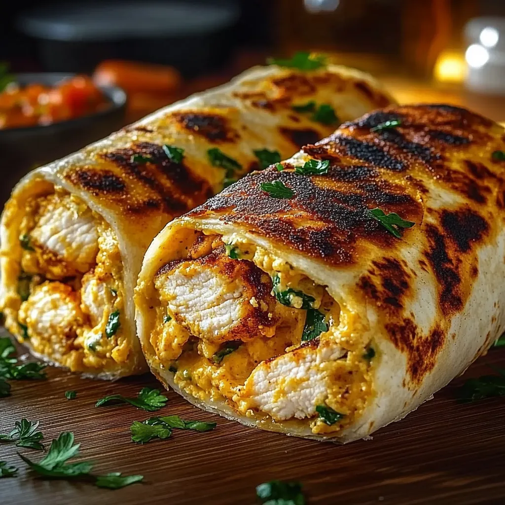 A burrito with chicken and vegetables.